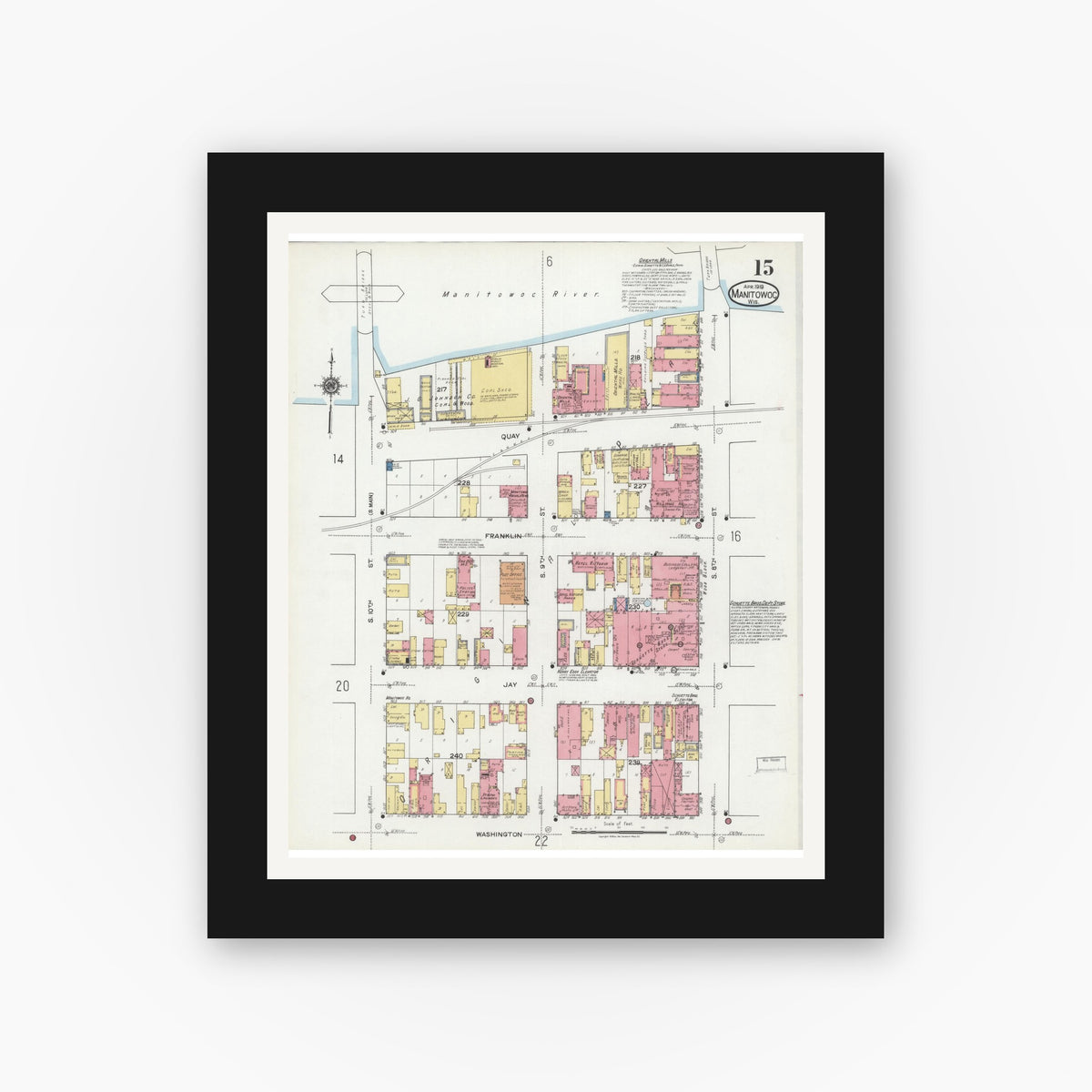 Old map wall art mockup — black gallery frame with white mat — Sanborn Fire Insurance Map from Manitowoc, Manitowoc County, Wisconsin (1919), Sheet #0015