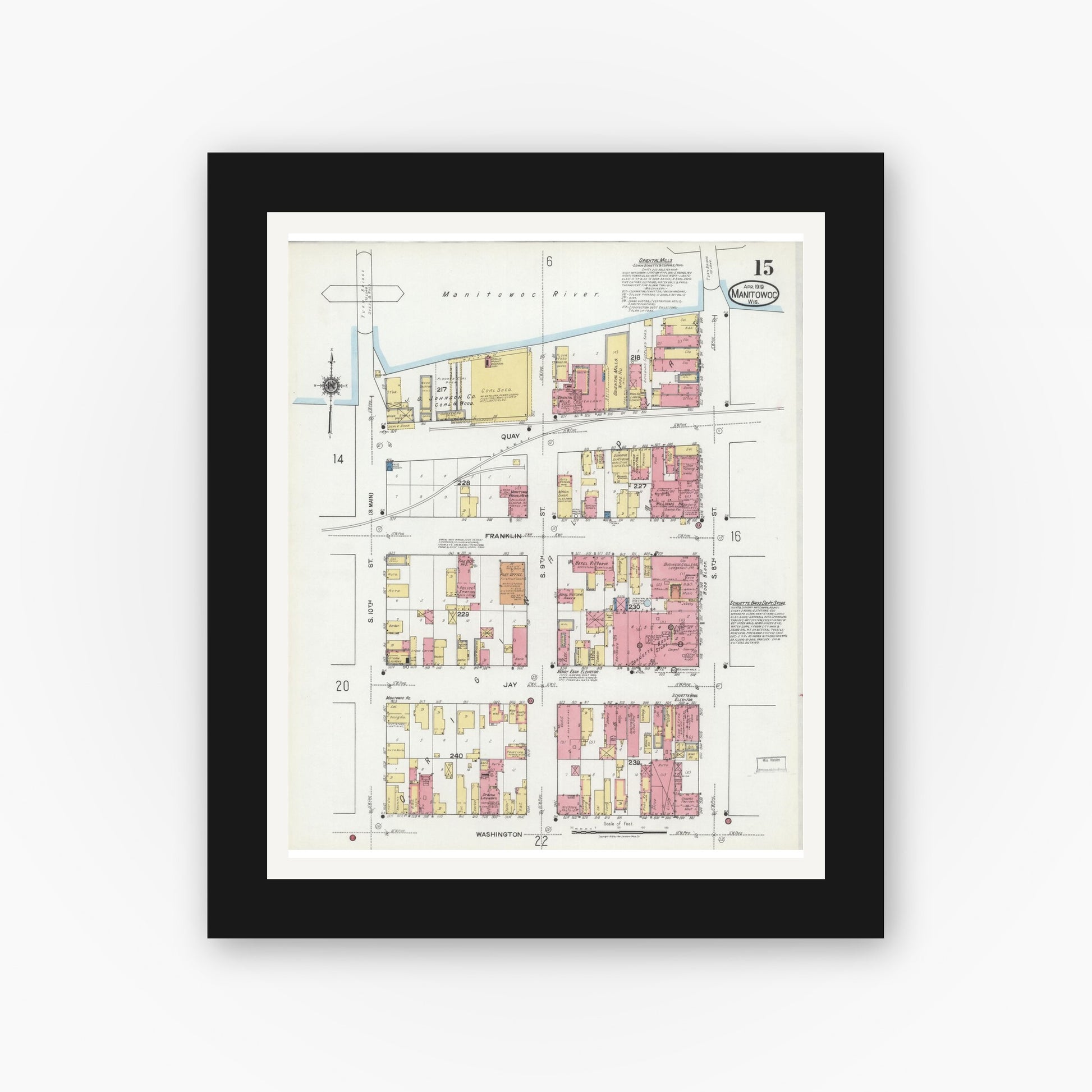 Old map wall art mockup — black gallery frame with white mat — Sanborn Fire Insurance Map from Manitowoc, Manitowoc County, Wisconsin (1919), Sheet #0015
