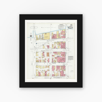 Old map wall art mockup — black gallery frame with white mat — Sanborn Fire Insurance Map from Manitowoc, Manitowoc County, Wisconsin (1919), Sheet #0015