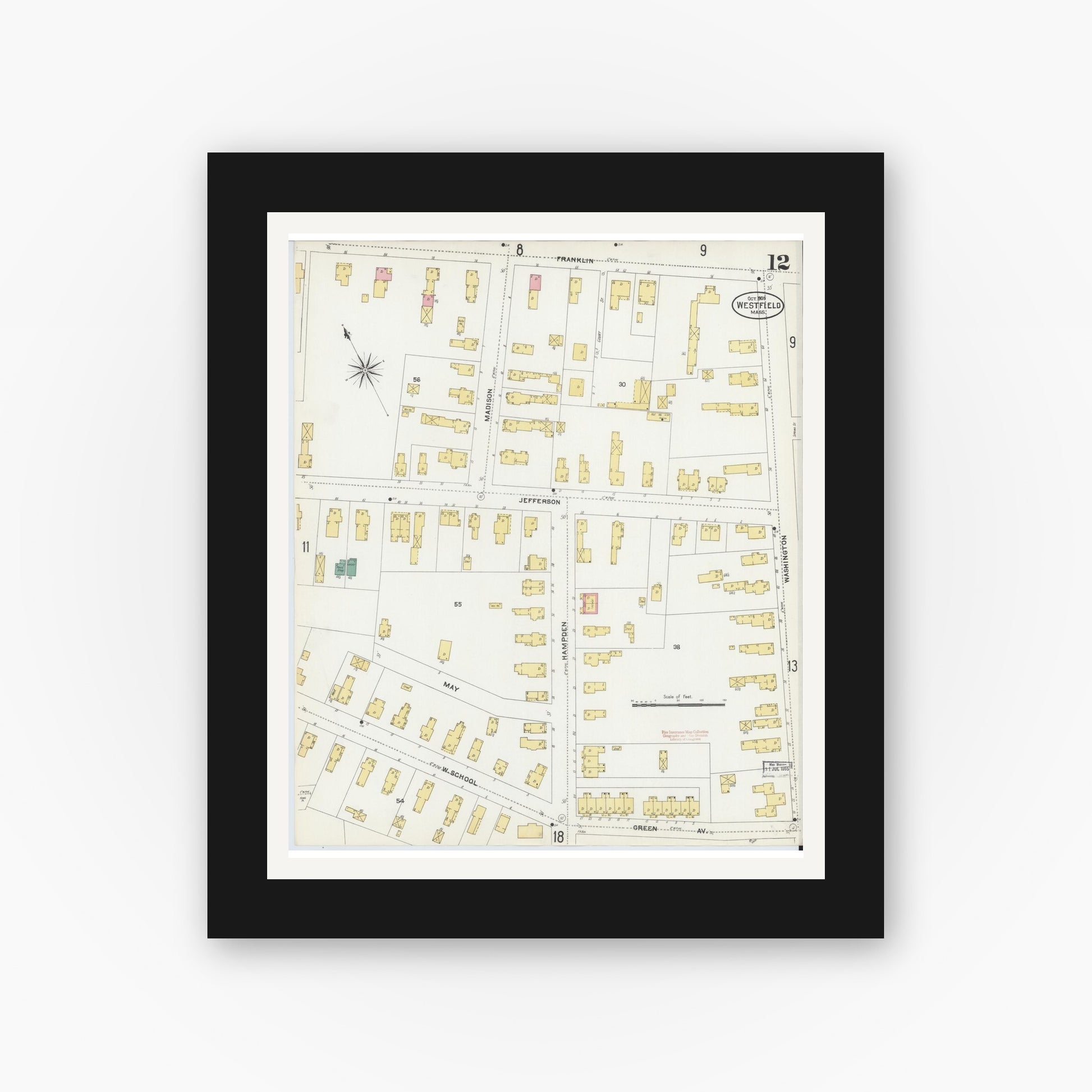 Old map wall art mockup — black gallery frame with white mat — Sanborn Fire Insurance Map from Westfield, Hampden County, Massachusetts (1905), Sheet #0012