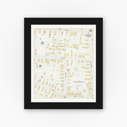 Old map wall art mockup — black gallery frame with white mat — Sanborn Fire Insurance Map from Westfield, Hampden County, Massachusetts (1905), Sheet #0012