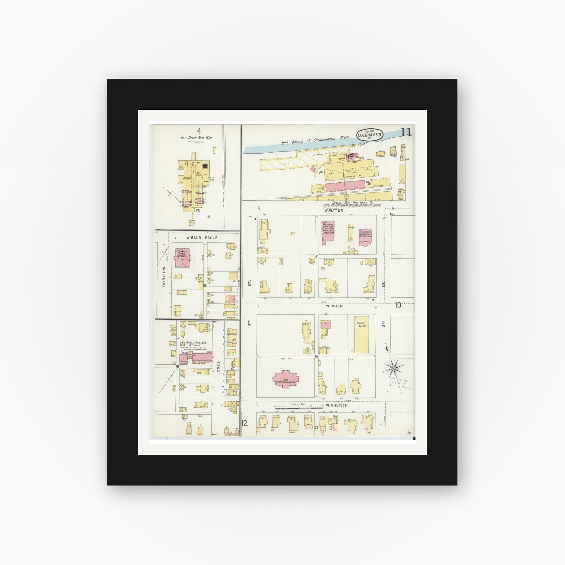 Old map wall art mockup — black gallery frame with white mat — Sanborn Fire Insurance Map from Lock Haven, Clinton County, Pennsylvania (1896), Sheet #0011