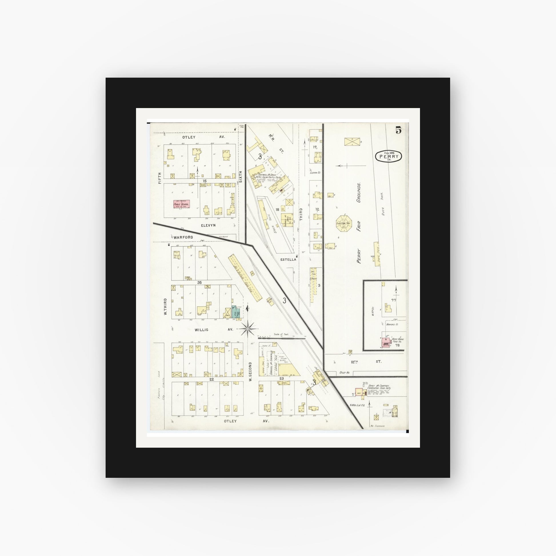 Old map wall art mockup — black gallery frame with white mat — Sanborn Fire Insurance Map from Perry, Dallas County, Iowa (1896), Sheet #0005