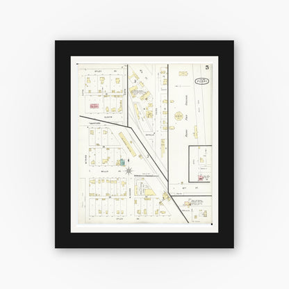 Old map wall art mockup — black gallery frame with white mat — Sanborn Fire Insurance Map from Perry, Dallas County, Iowa (1896), Sheet #0005