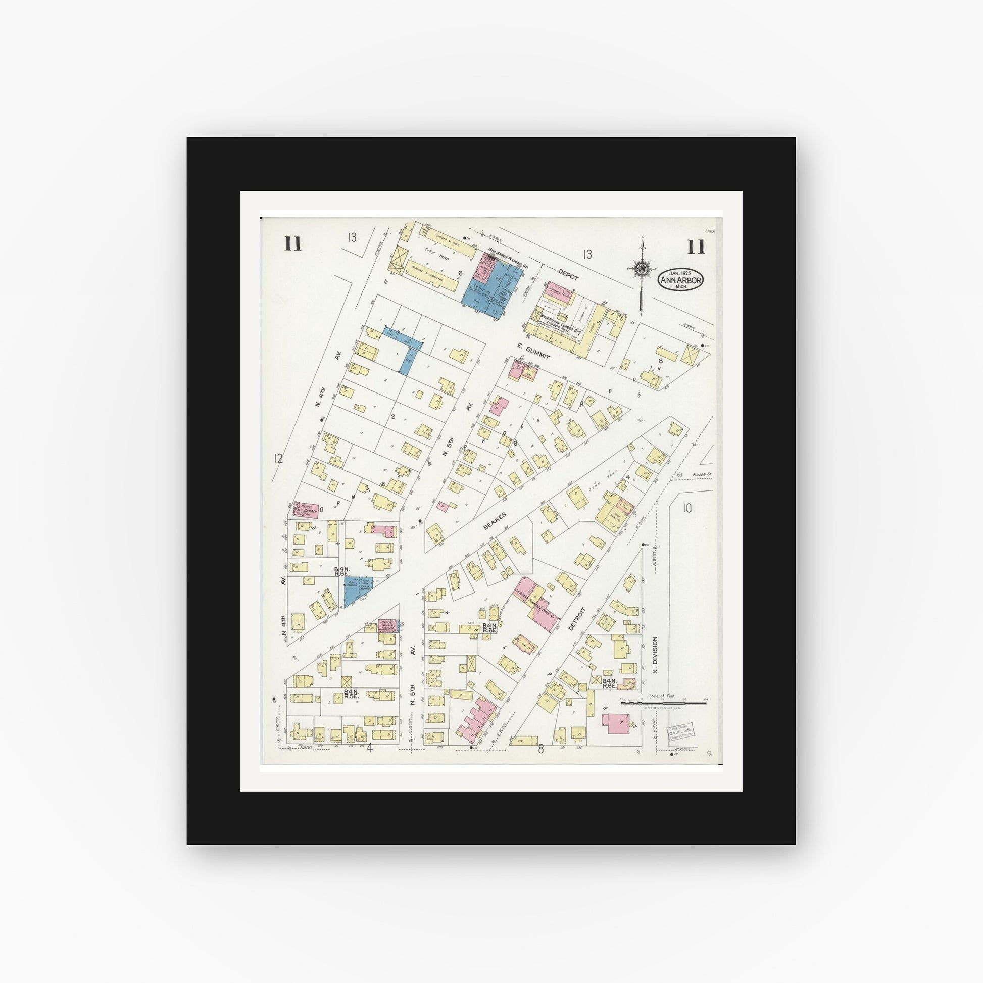 Old map wall art mockup — black gallery frame with white mat — Sanborn Fire Insurance Map from Ann Arbor, Washtenaw County, Michigan (1925), Sheet #0011