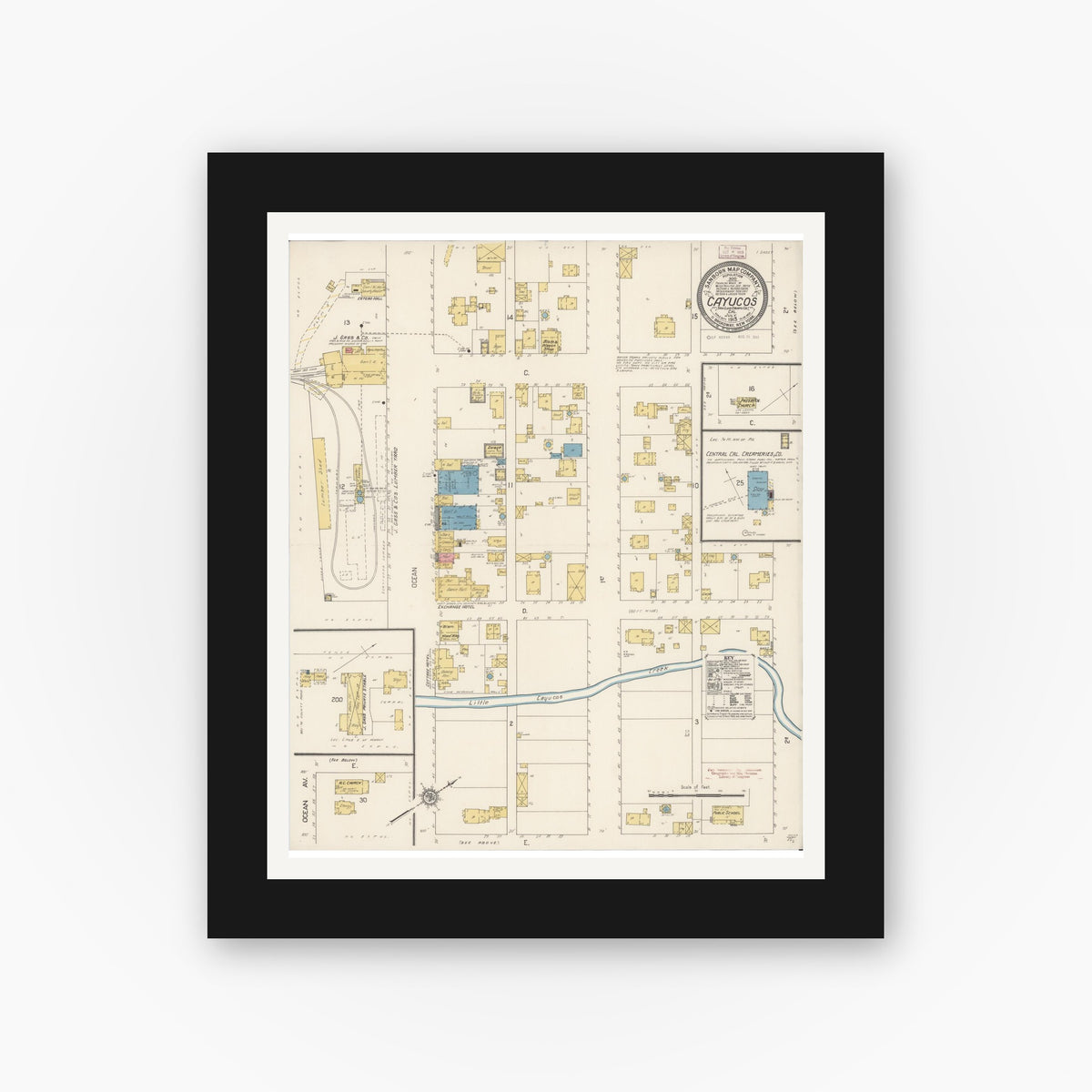 Old map wall art mockup — black gallery frame with white mat — Sanborn Fire Insurance Map from Cayucos, San Luis Obispo County, California (1913), Sheet #0001