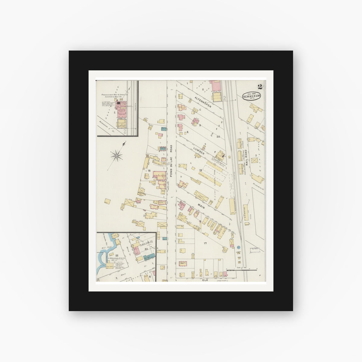 Old map wall art mockup — black gallery frame with white mat — Sanborn Fire Insurance Map from Kewaskum, Washington County, Wisconsin (1894), Sheet #0002