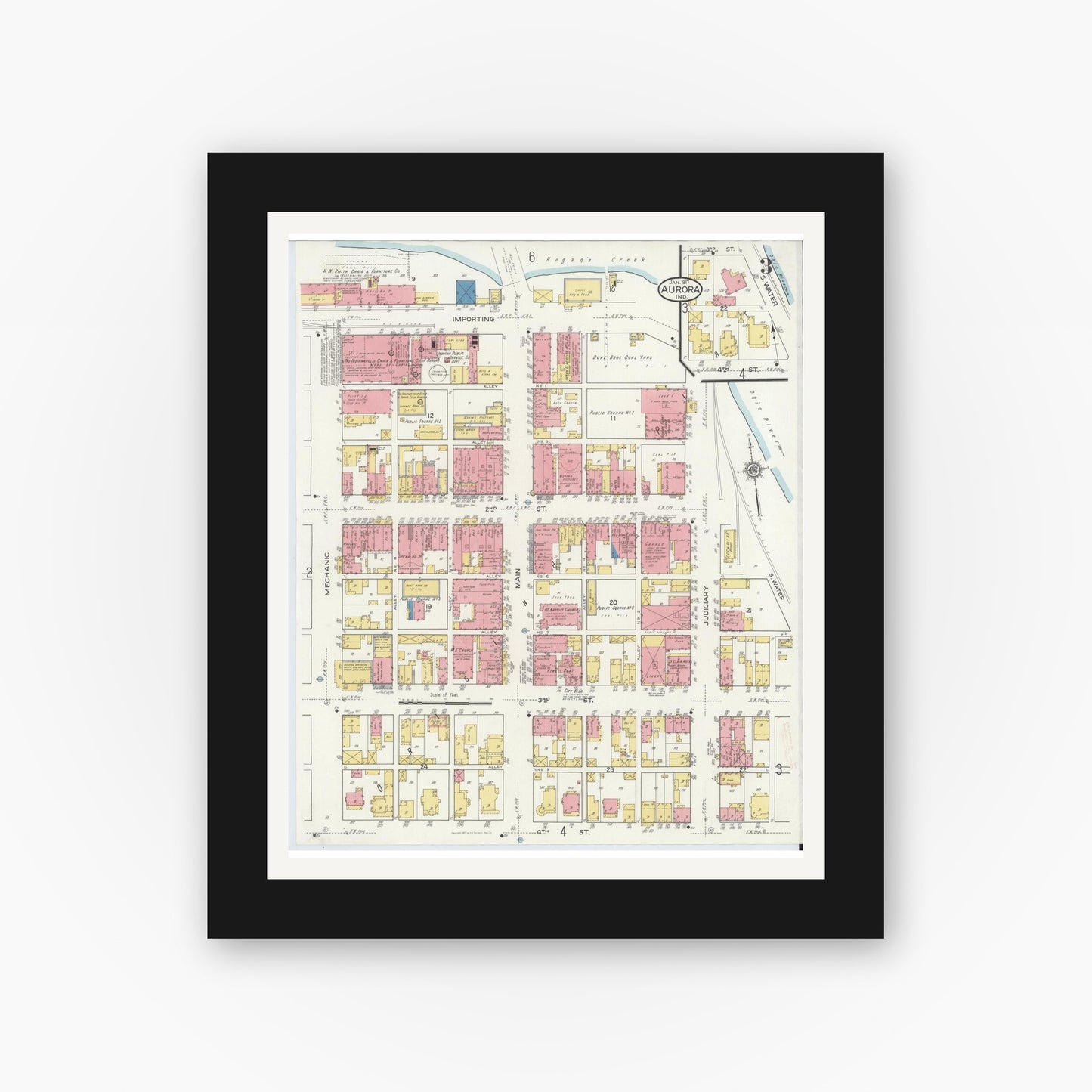 Old map wall art mockup — black gallery frame with white mat — Sanborn Fire Insurance Map from Aurora, Dearborn County, Indiana (1917), Sheet #0003