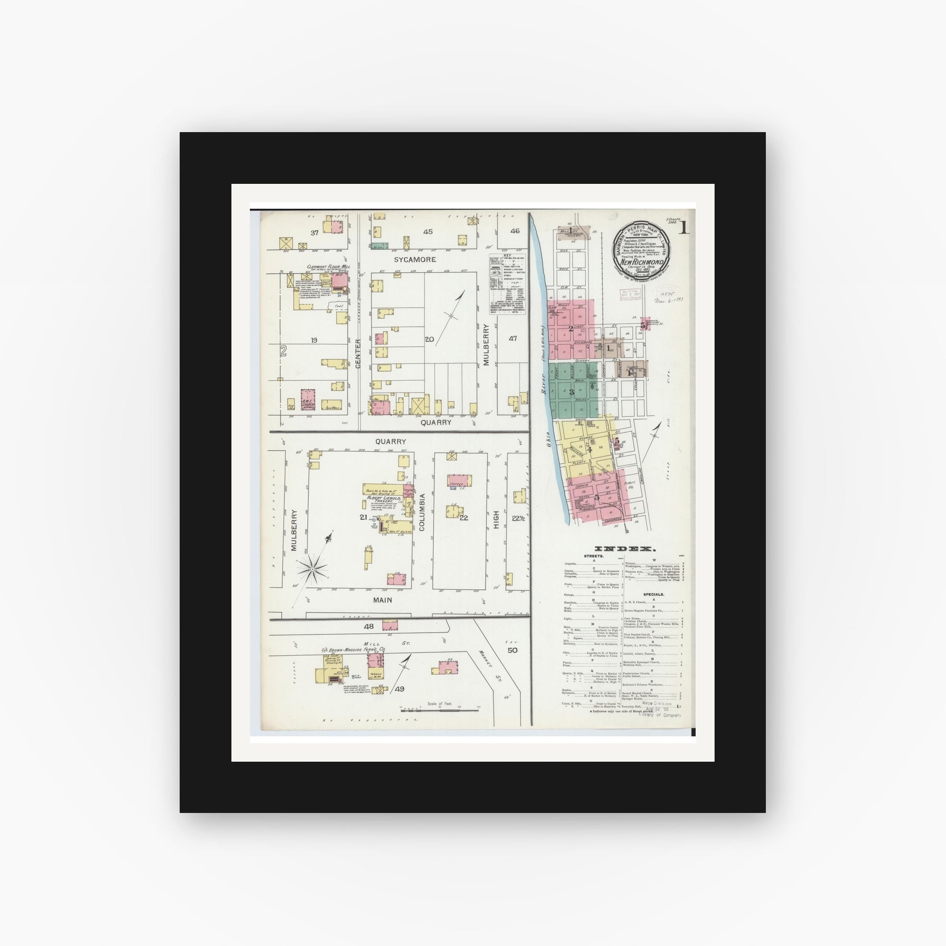 Old map wall art mockup — black gallery frame with white mat — Sanborn Fire Insurance Map from New Richmond, Clermont County, Ohio (1892), Sheet #0001