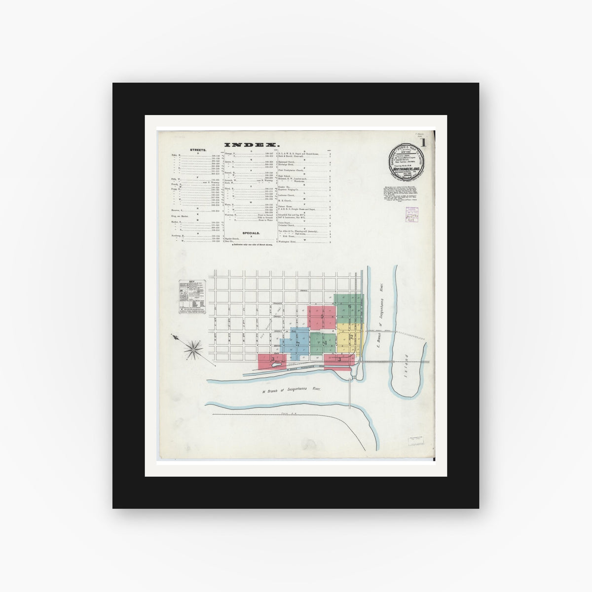Old map wall art mockup — black gallery frame with white mat — Sanborn Fire Insurance Map from Northumberland, Northumberland County, Pennsylvania (1901) - Complete Map Set
