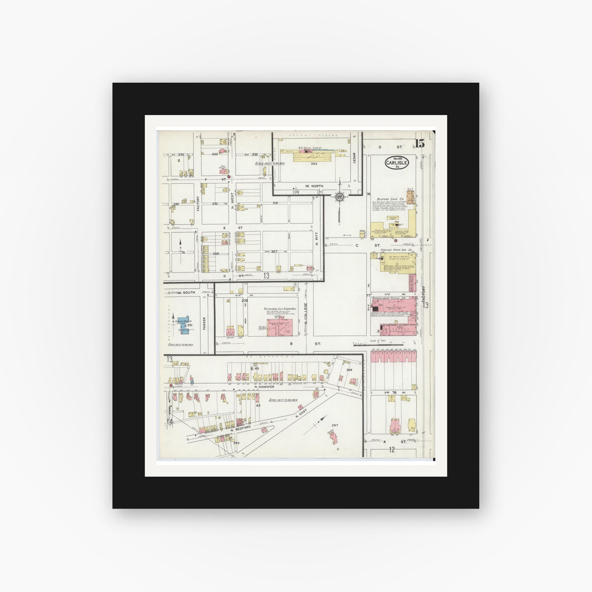 Old map wall art mockup — black gallery frame with white mat — Sanborn Fire Insurance Map from Carlisle, Cumberland County, Pennsylvania (1915), Sheet #0015