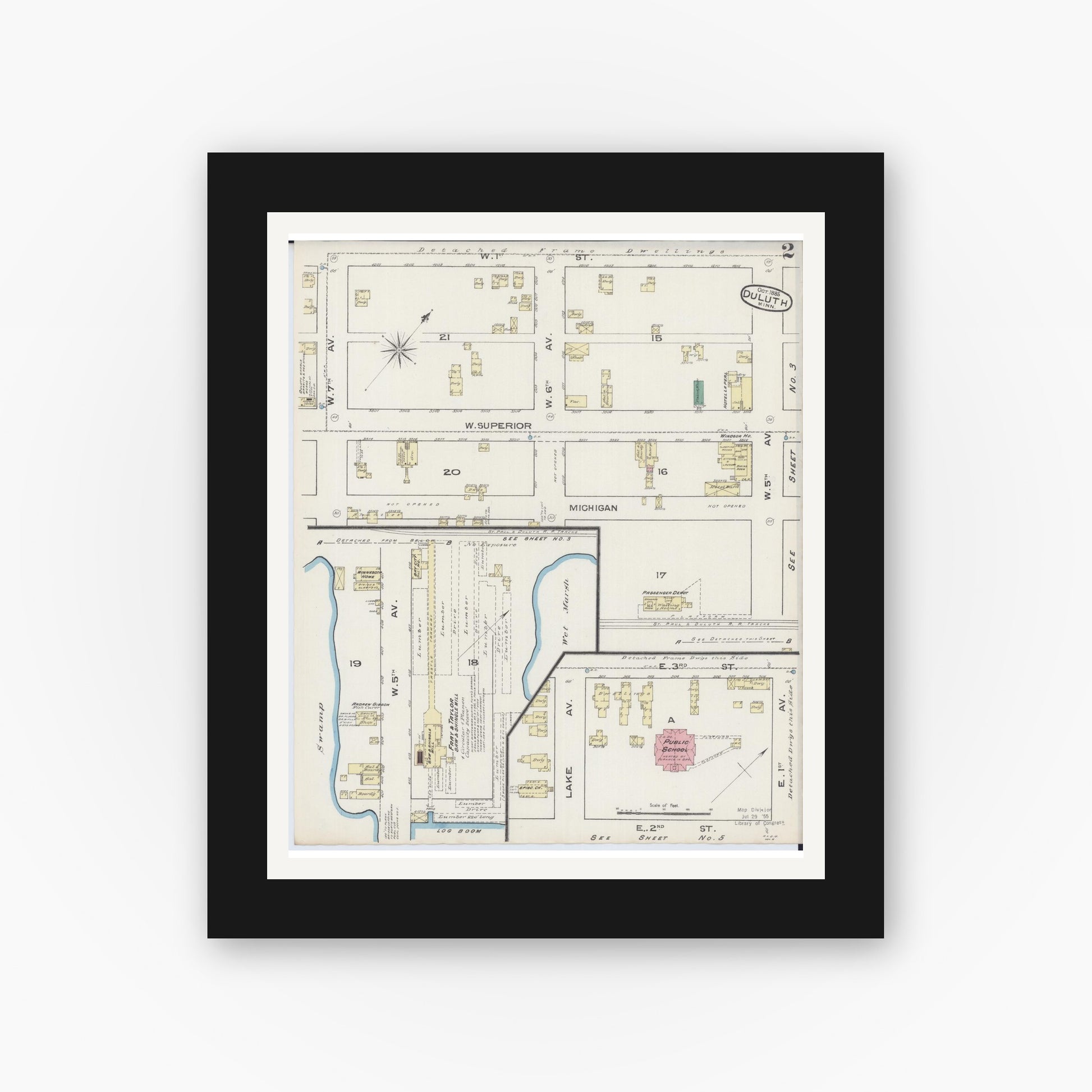 Old map wall art mockup — black gallery frame with white mat — Sanborn Fire Insurance Map from Duluth, Saint Louis County, Minnesota (1885), Sheet #0002