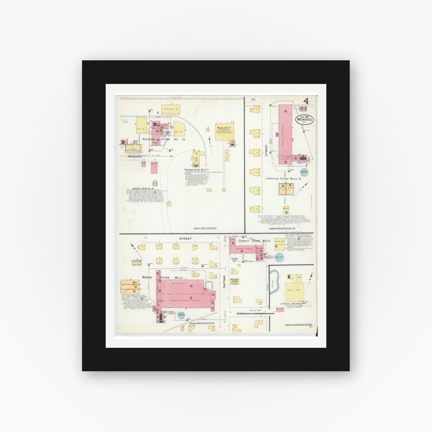 Old map wall art mockup — black gallery frame with white mat — Sanborn Fire Insurance Map from Monroe, Union County, North Carolina (1908), Sheet #0004