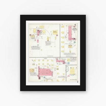 Old map wall art mockup — black gallery frame with white mat — Sanborn Fire Insurance Map from Monroe, Union County, North Carolina (1908), Sheet #0004
