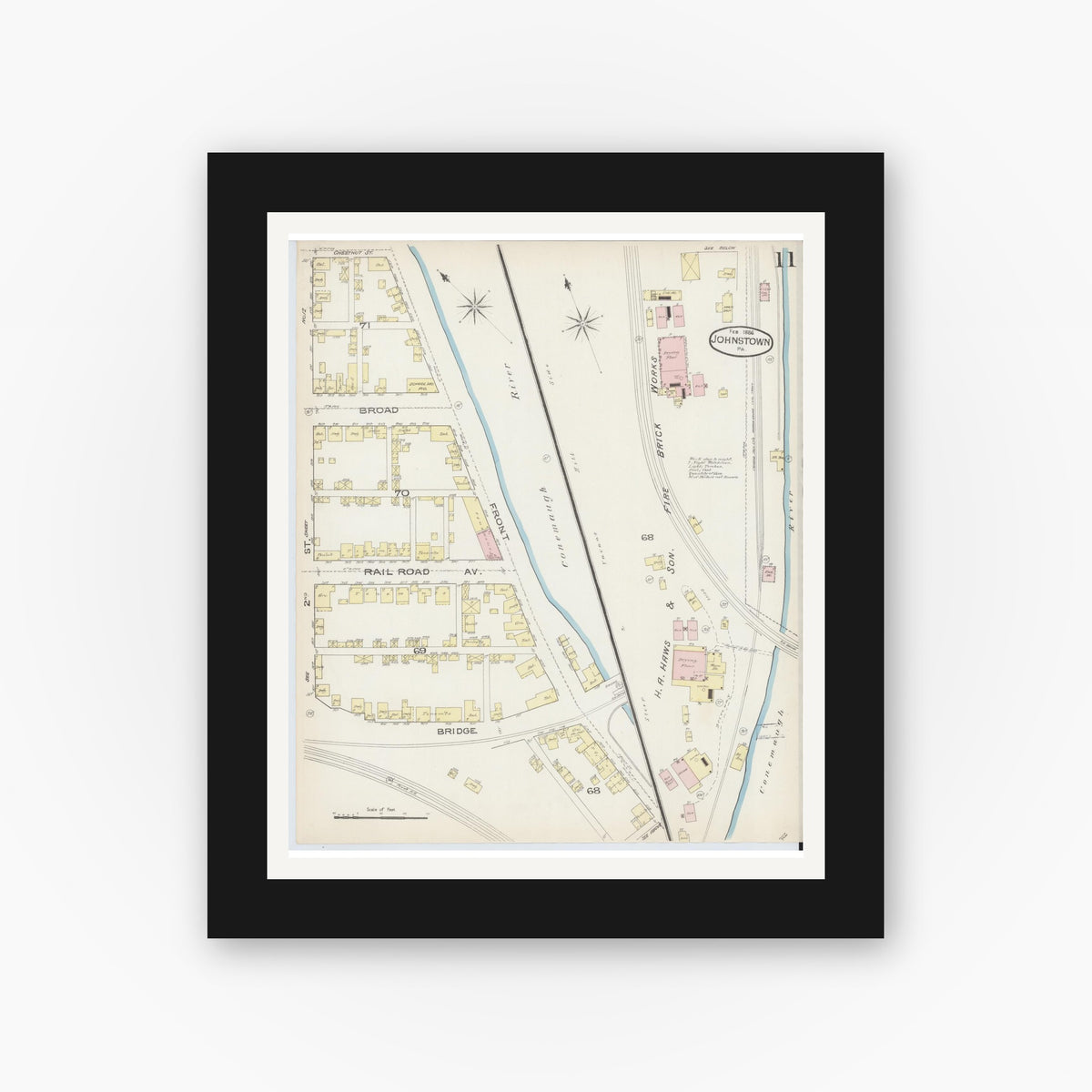 Old map wall art mockup — black gallery frame with white mat — Sanborn Fire Insurance Map from Johnstown, Cambria County, Pennsylvania (1886), Sheet #0011