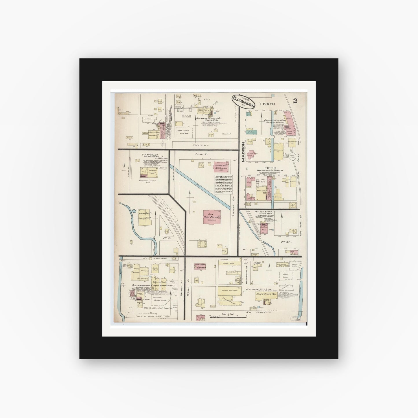 Old map wall art mockup — black gallery frame with white mat — Sanborn Fire Insurance Map from Bloomington, Monroe County, Indiana (1883), Sheet #0002