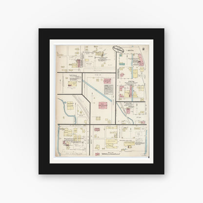 Old map wall art mockup — black gallery frame with white mat — Sanborn Fire Insurance Map from Bloomington, Monroe County, Indiana (1883), Sheet #0002