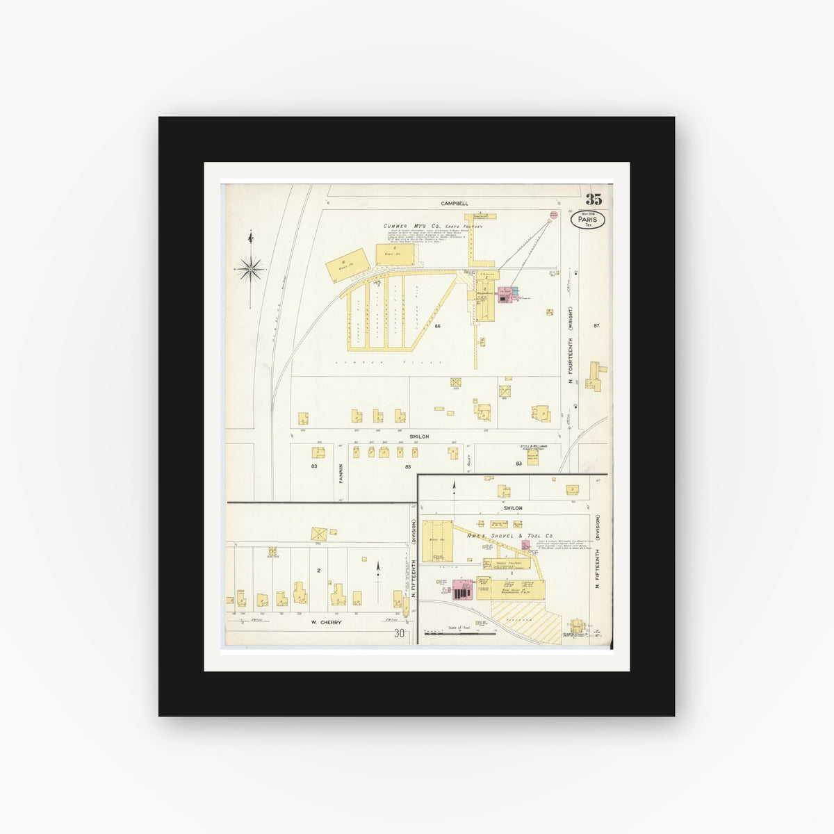 Old map wall art mockup — black gallery frame with white mat — Sanborn Fire Insurance Map from Paris, Lamar County, Texas (1908), Sheet #0035