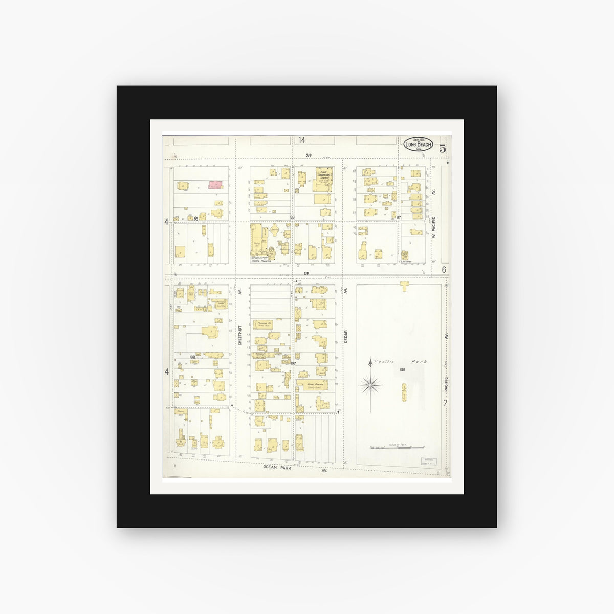 Old map wall art mockup — black gallery frame with white mat — Sanborn Fire Insurance Map from Long Beach, Los Angeles County, California (1902), Sheet #0005