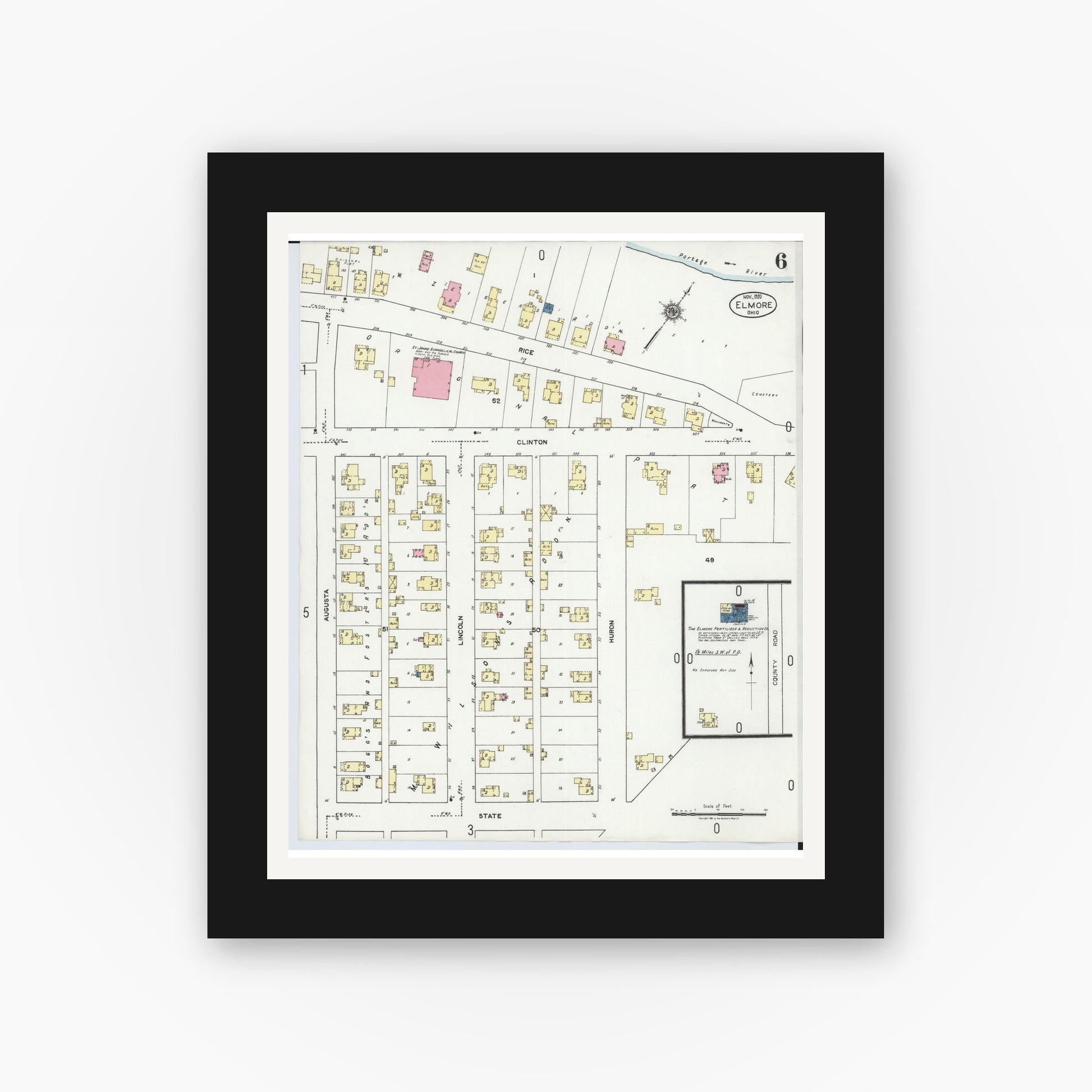 Old map wall art mockup — black gallery frame with white mat — Sanborn Fire Insurance Map from Elmore, Ottawa County, Ohio (1920), Sheet #0006