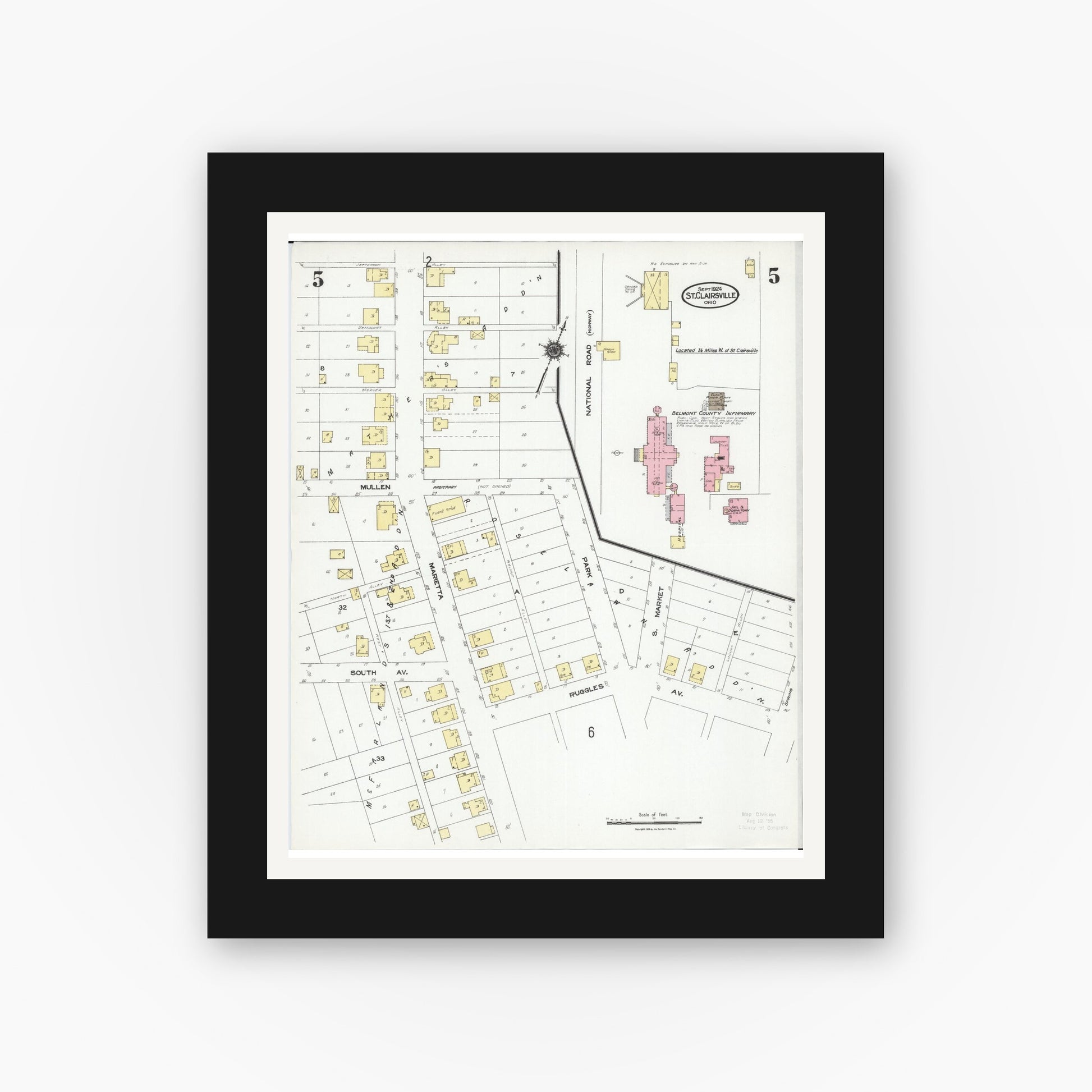 Old map wall art mockup — black gallery frame with white mat — Sanborn Fire Insurance Map from Saint Clairsville, Belmont County, Ohio (1924), Sheet #0005