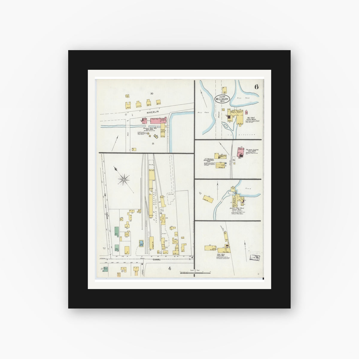 Old map wall art mockup — black gallery frame with white mat — Sanborn Fire Insurance Map from Millbury, Worcester County, Massachusetts (1899), Sheet #0006