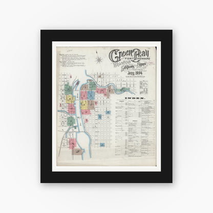 Old map wall art mockup — black gallery frame with white mat — Sanborn Fire Insurance Map from Green Bay, Brown County, Wisconsin (1894), Sheet #0001