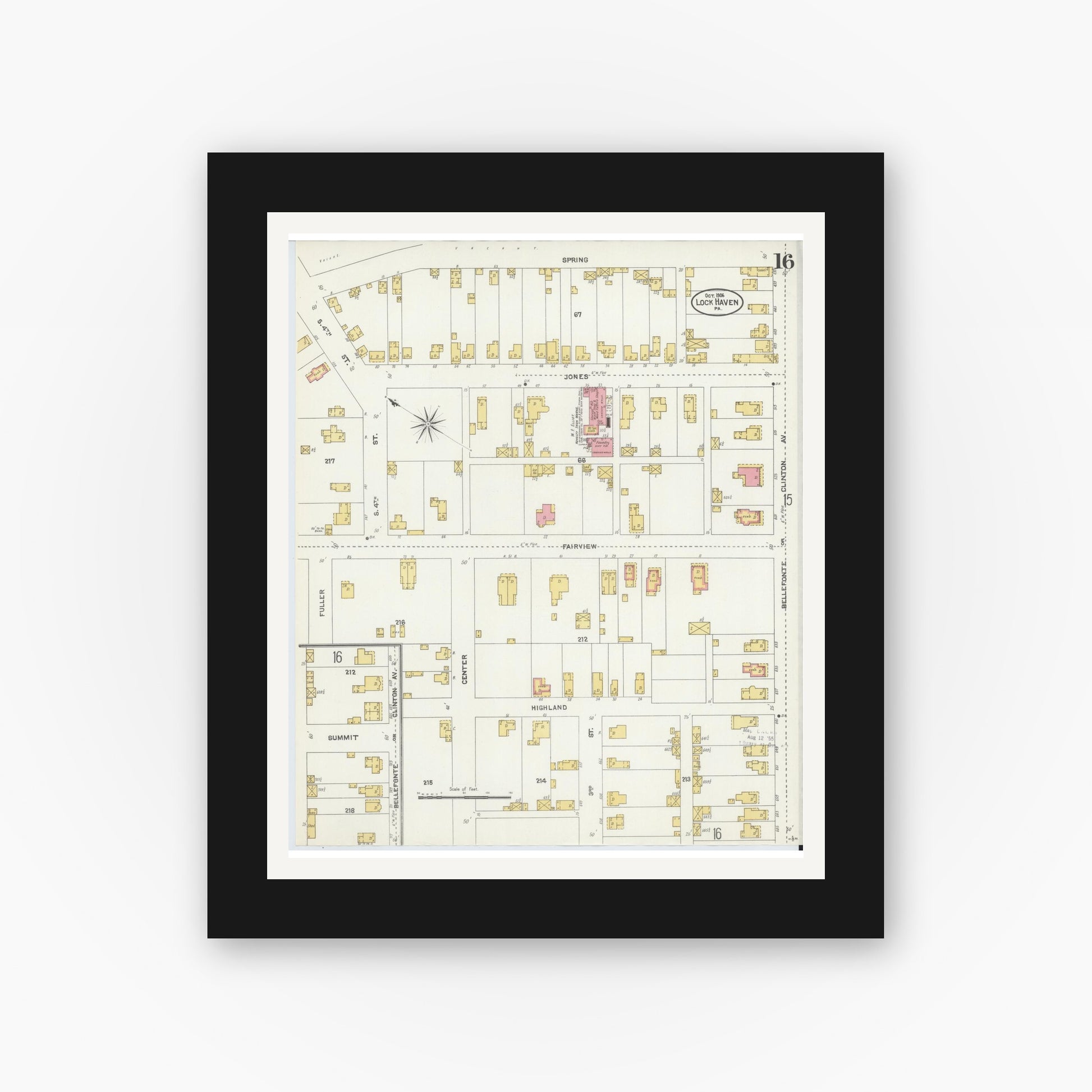 Old map wall art mockup — black gallery frame with white mat — Sanborn Fire Insurance Map from Lock Haven, Clinton County, Pennsylvania (1906), Sheet #0016