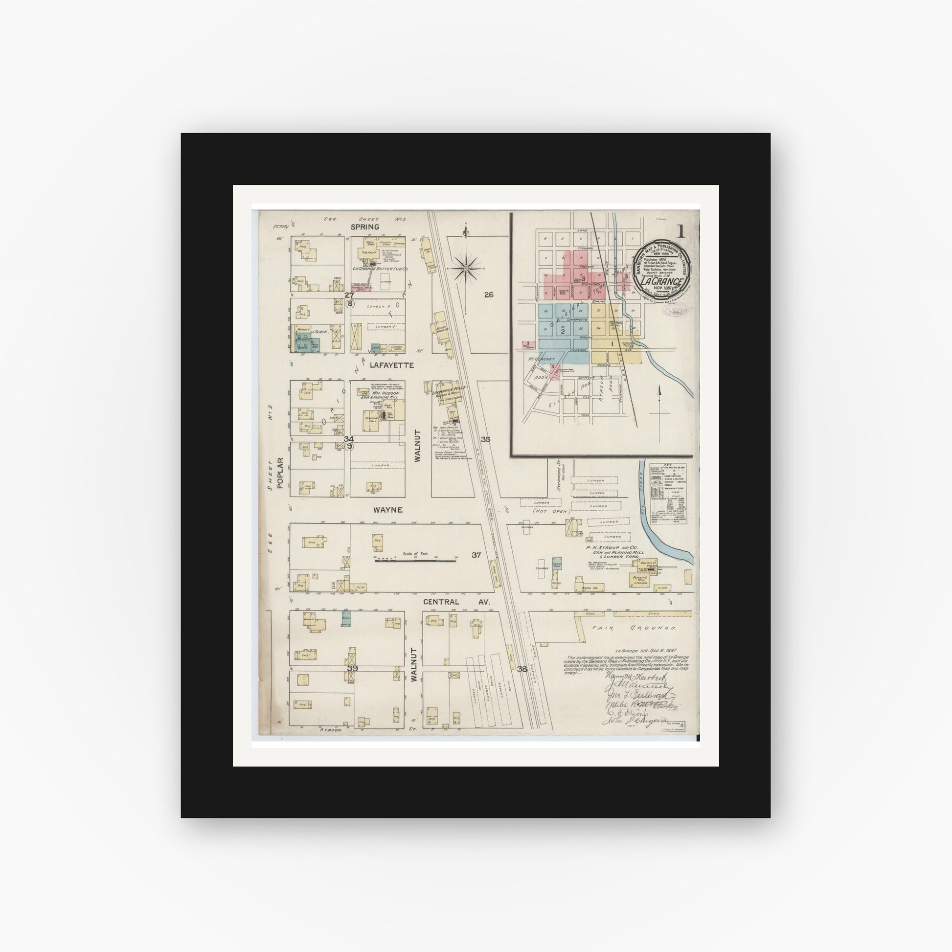 Old map wall art mockup — black gallery frame with white mat — Sanborn Fire Insurance Map from Lagrange, LaGrange County, Indiana (1887), Sheet #0001