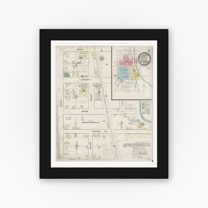 Old map wall art mockup — black gallery frame with white mat — Sanborn Fire Insurance Map from Lagrange, LaGrange County, Indiana (1887), Sheet #0001
