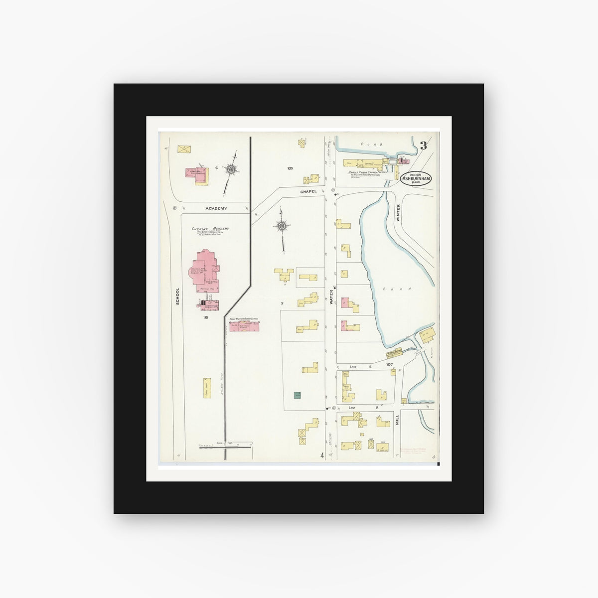 Old map wall art mockup — black gallery frame with white mat — Sanborn Fire Insurance Map from Ashburnham, Worcester County, Massachusetts (1909), Sheet #0003