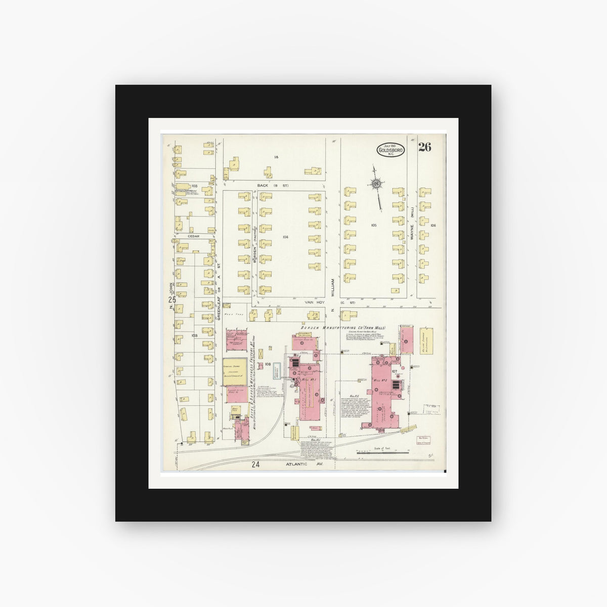 Old map wall art mockup — black gallery frame with white mat — Sanborn Fire Insurance Map from Goldsboro, Wayne County, North Carolina (1913), Sheet #0026