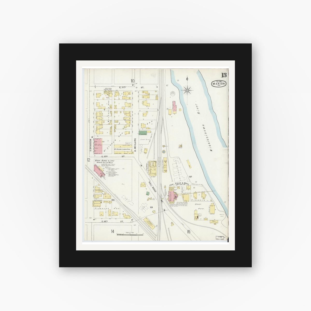 Old map wall art mockup — black gallery frame with white mat — Sanborn Fire Insurance Map from Marion, Grant County, Indiana (1896), Sheet #0013