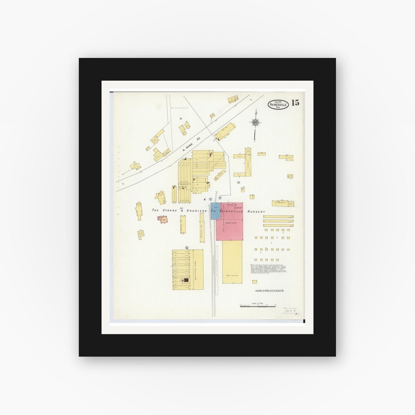 Old map wall art mockup — black gallery frame with white mat — Sanborn Fire Insurance Map from Painesville, Lake County, Ohio (1911), Sheet #0015