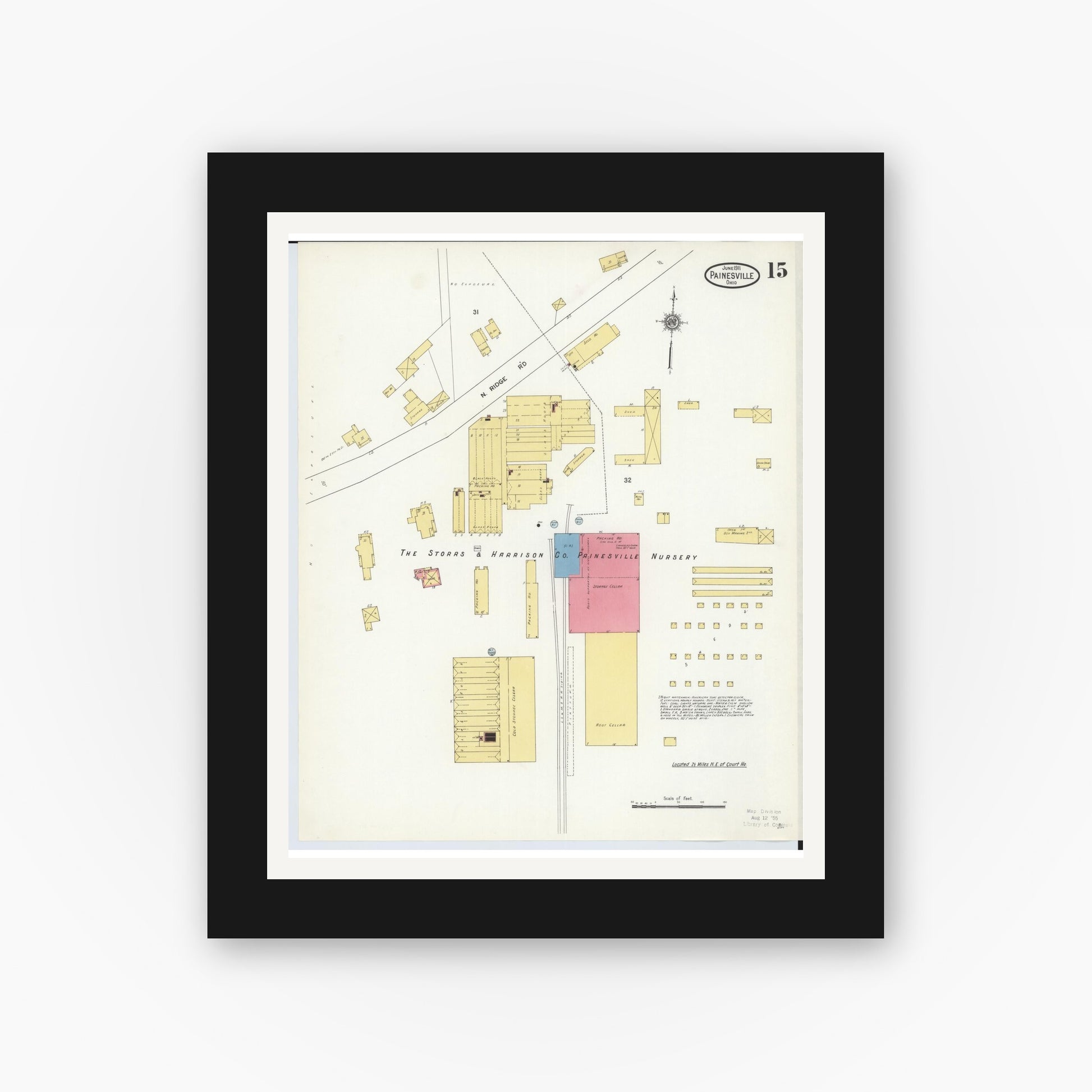 Old map wall art mockup — black gallery frame with white mat — Sanborn Fire Insurance Map from Painesville, Lake County, Ohio (1911), Sheet #0015