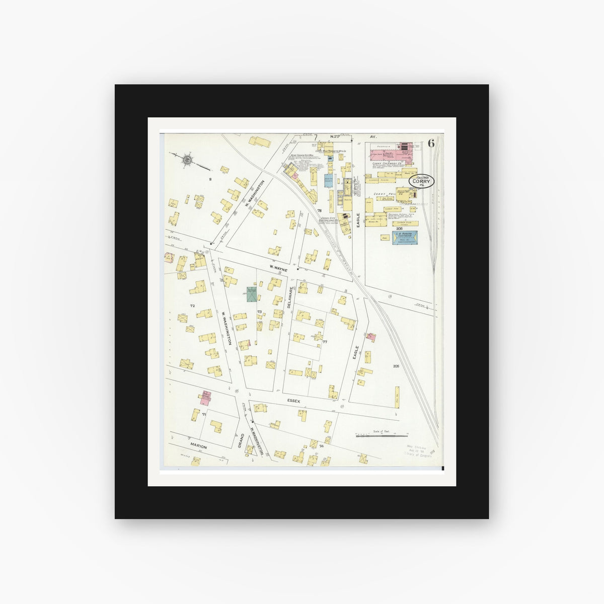 Old map wall art mockup — black gallery frame with white mat — Sanborn Fire Insurance Map from Corry, Erie County, Pennsylvania (1909), Sheet #0006