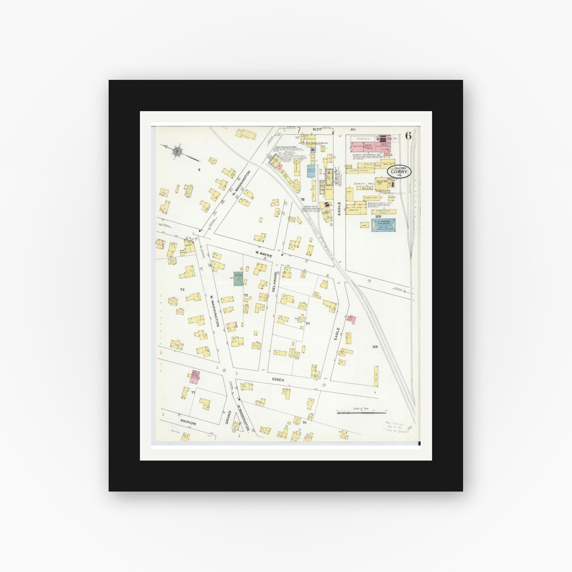 Old map wall art mockup — black gallery frame with white mat — Sanborn Fire Insurance Map from Corry, Erie County, Pennsylvania (1909), Sheet #0006