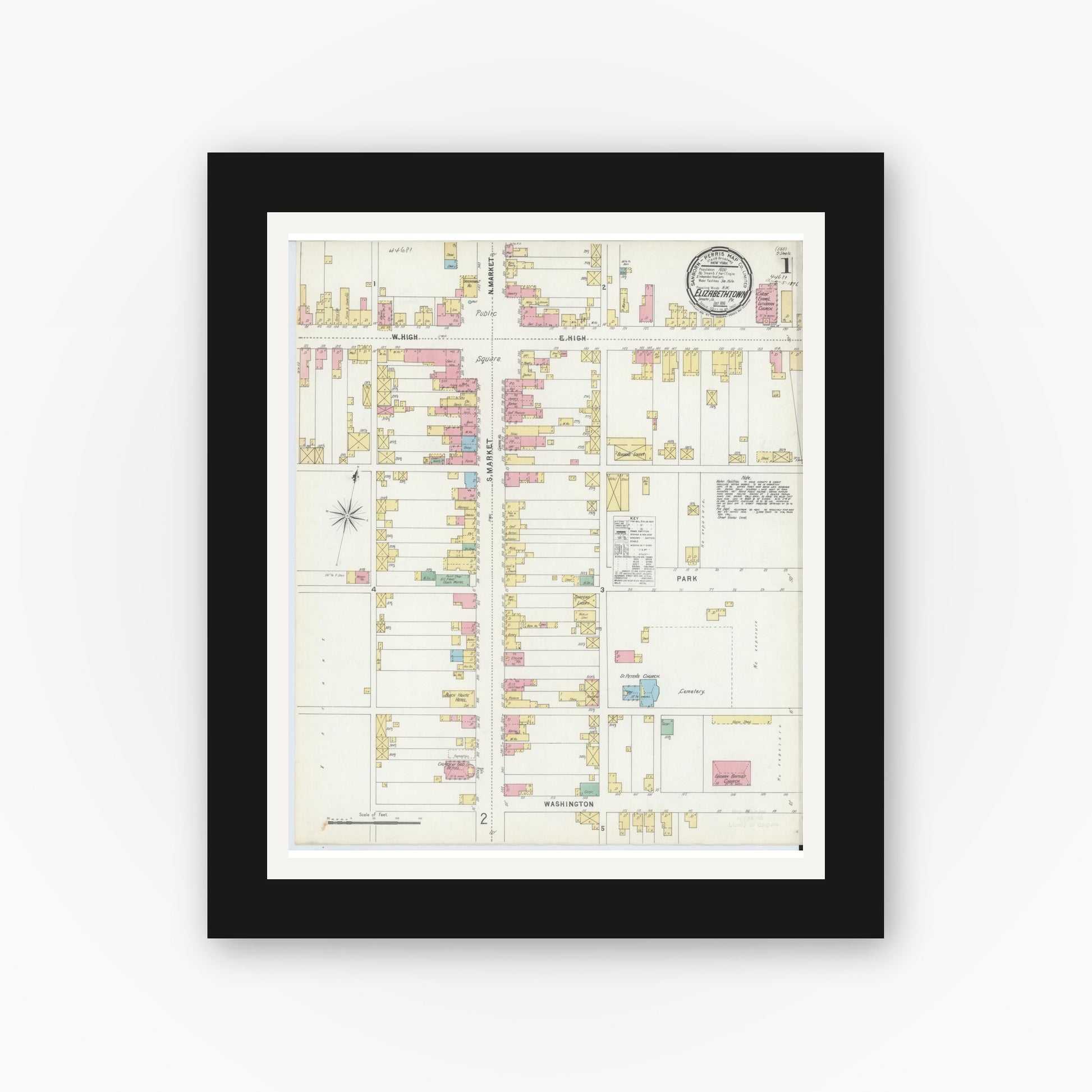 Old map wall art mockup — black gallery frame with white mat — Sanborn Fire Insurance Map from Elizabethtown, Lancaster County, Pennsylvania (1896), Sheet #0001