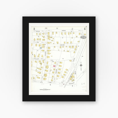Old map wall art mockup — black gallery frame with white mat — Sanborn Fire Insurance Map from Wakefield, Middlesex County, Massachusetts (1923), Sheet #0005