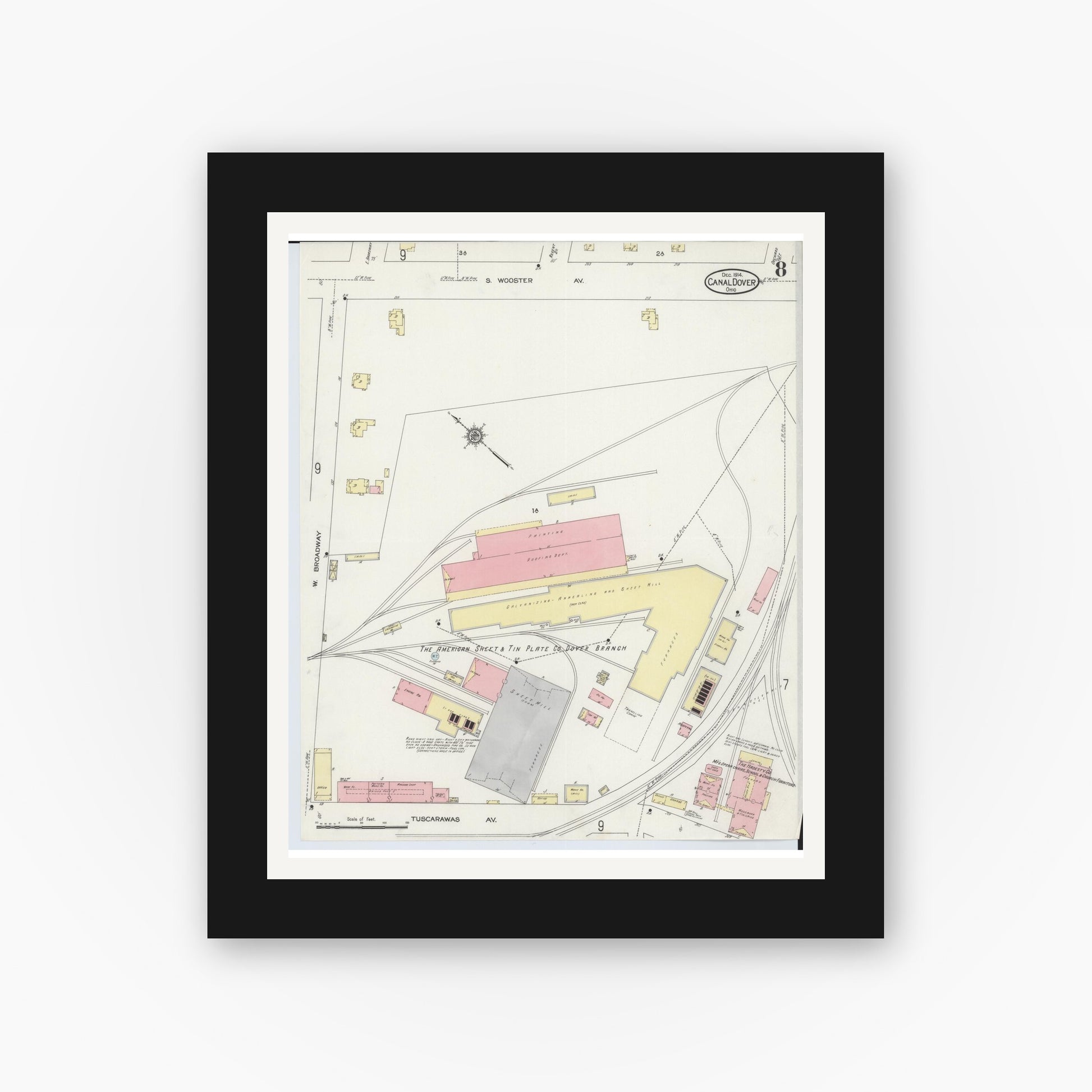 Old map wall art mockup — black gallery frame with white mat — Sanborn Fire Insurance Map from Canal Dover, Tuscarawas County, Ohio (1914), Sheet #0008