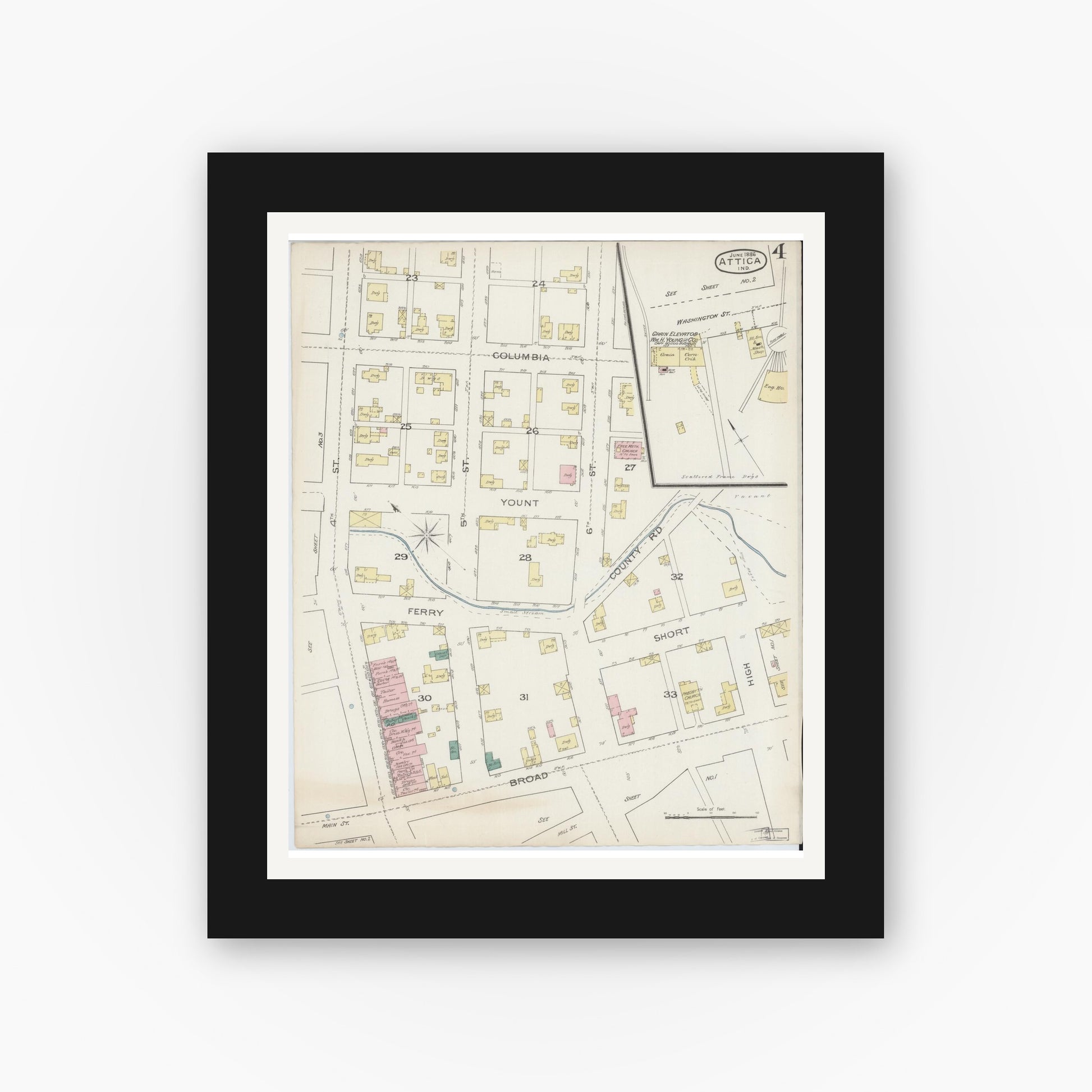 Old map wall art mockup — black gallery frame with white mat — Sanborn Fire Insurance Map from Attica, Fountain County, Indiana (1886), Sheet #0004