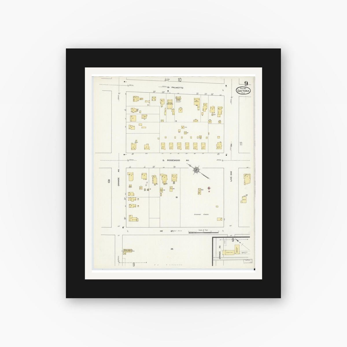 Old map wall art mockup — black gallery frame with white mat — Sanborn Fire Insurance Map from Daytona, Volusia County, Florida (1912), Sheet #0009