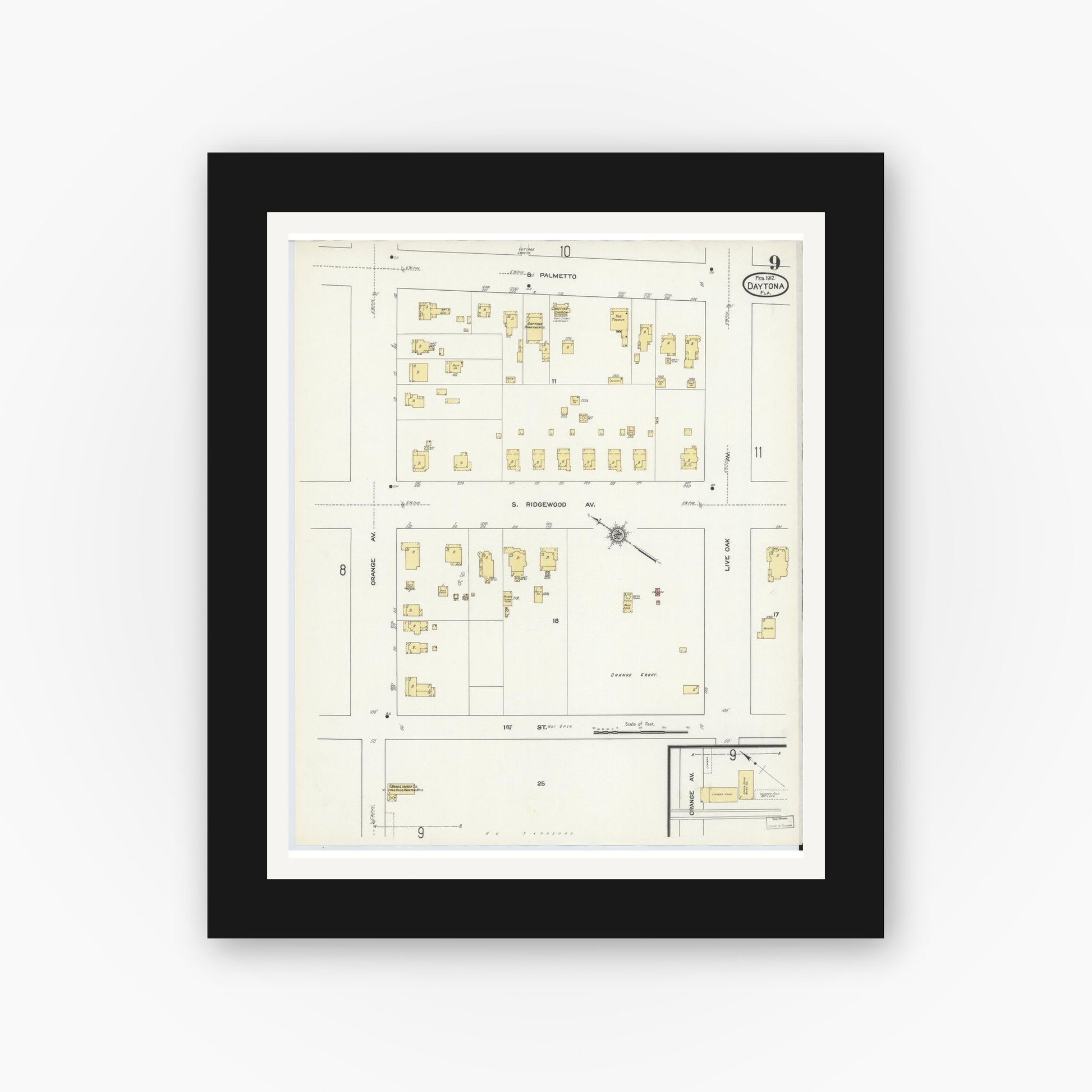 Old map wall art mockup — black gallery frame with white mat — Sanborn Fire Insurance Map from Daytona, Volusia County, Florida (1912), Sheet #0009