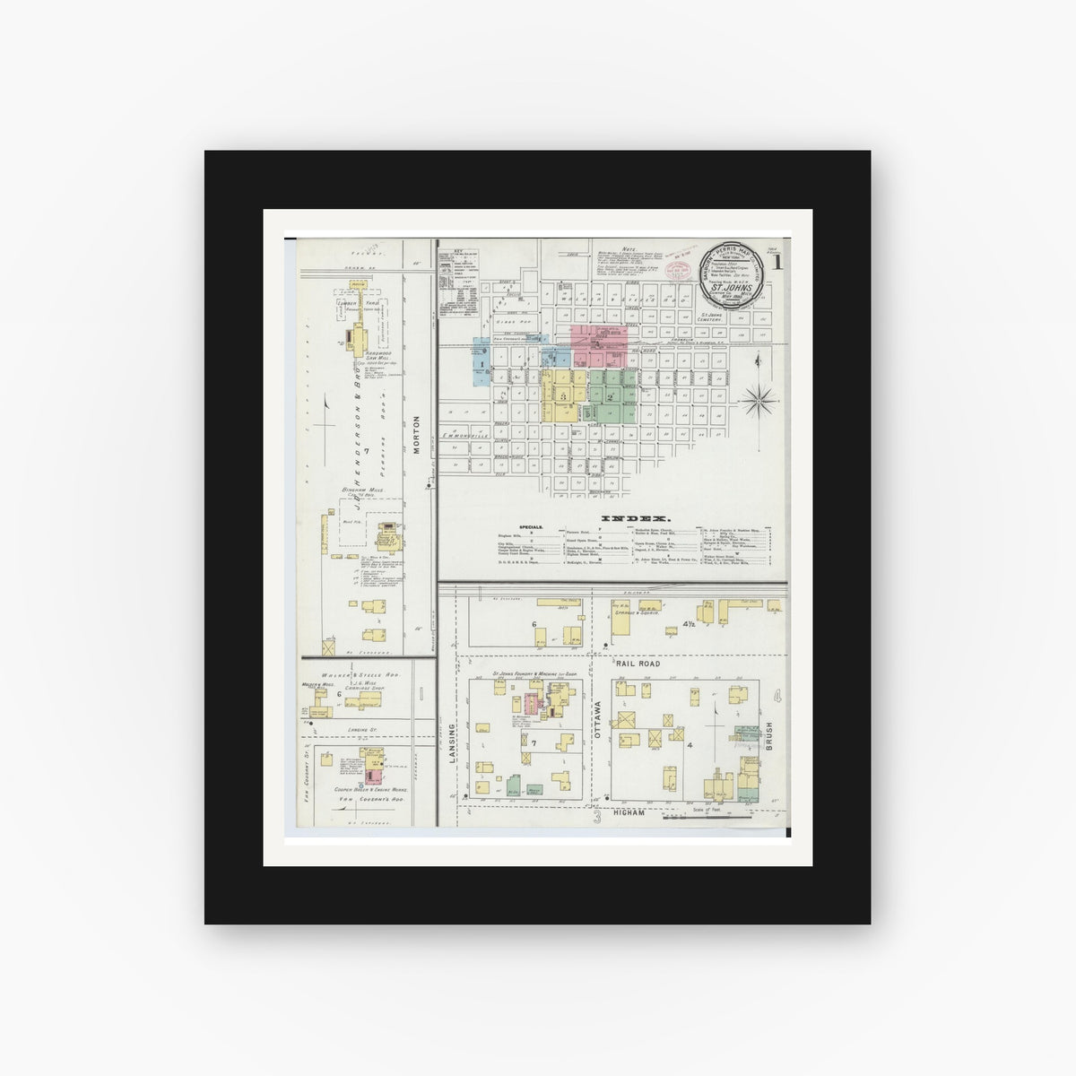 Old map wall art mockup — black gallery frame with white mat — Sanborn Fire Insurance Map from Saint Johns, Clinton County, Michigan (1895), Sheet #0001