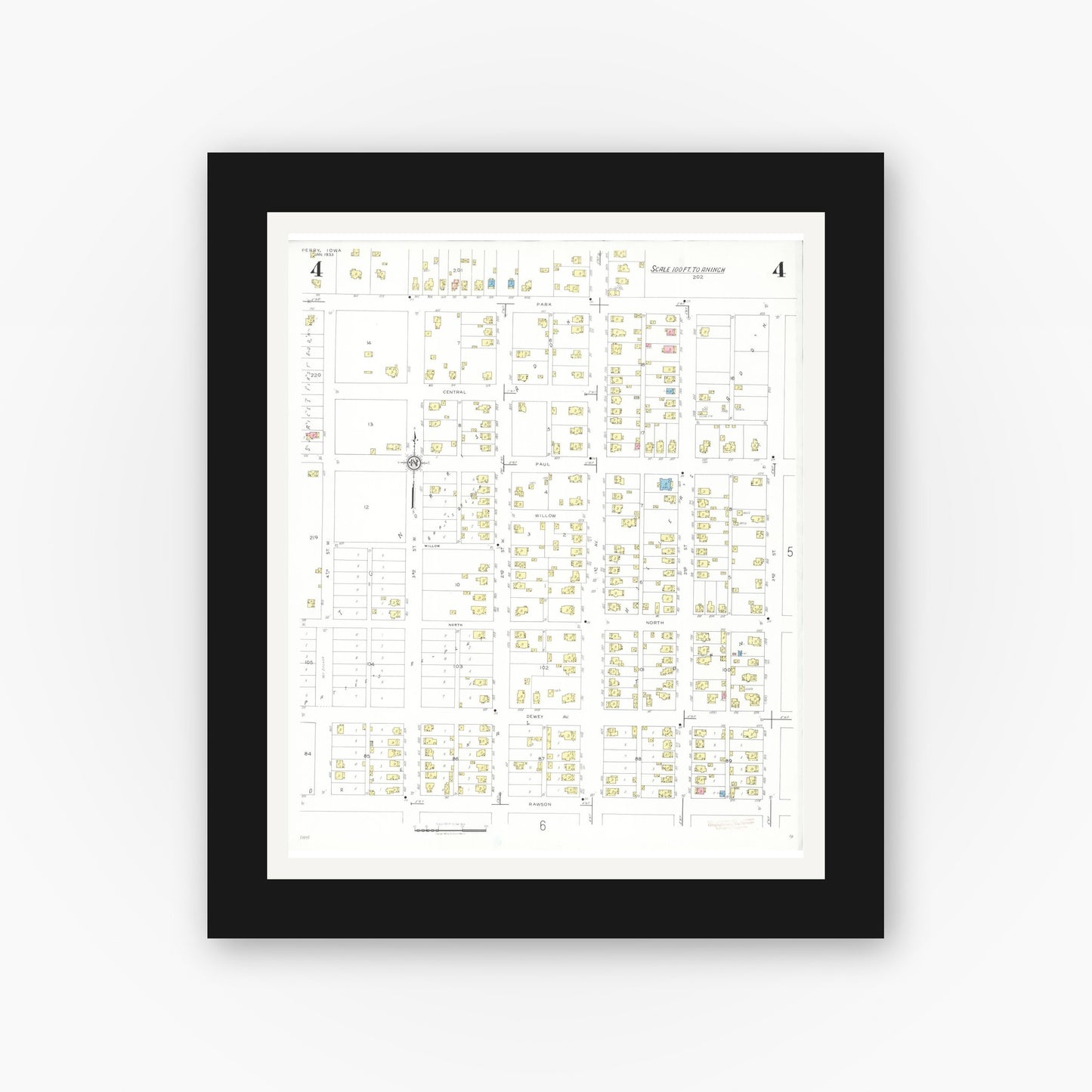 Old map wall art mockup — black gallery frame with white mat — Sanborn Fire Insurance Map from Perry, Dallas County, Iowa (1933), Sheet #0004