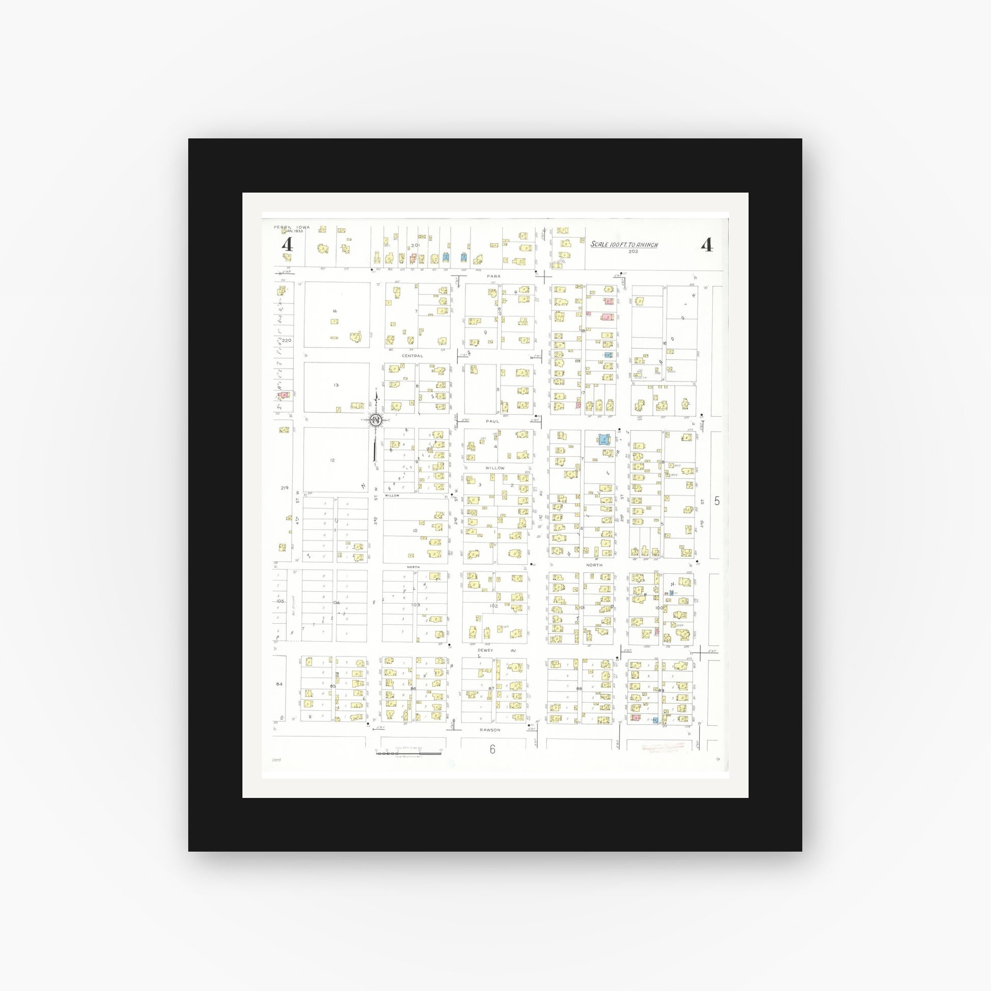 Old map wall art mockup — black gallery frame with white mat — Sanborn Fire Insurance Map from Perry, Dallas County, Iowa (1933), Sheet #0004