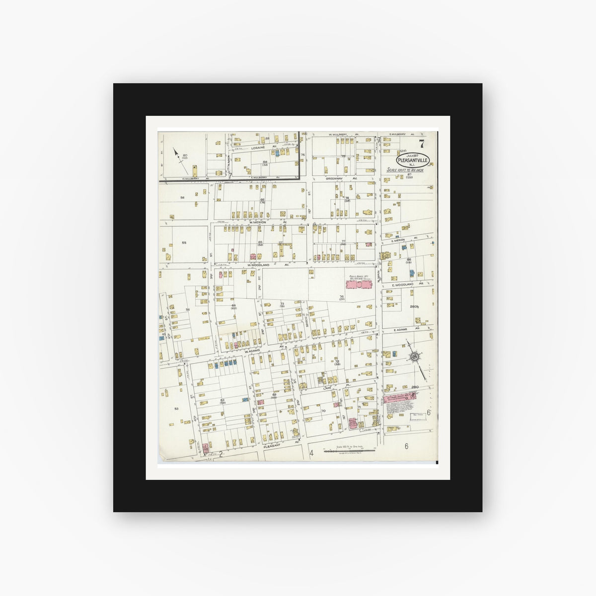 Old map wall art mockup — black gallery frame with white mat — Sanborn Fire Insurance Map from Pleasantville, Atlantic County, New Jersey (1917), Sheet #0007