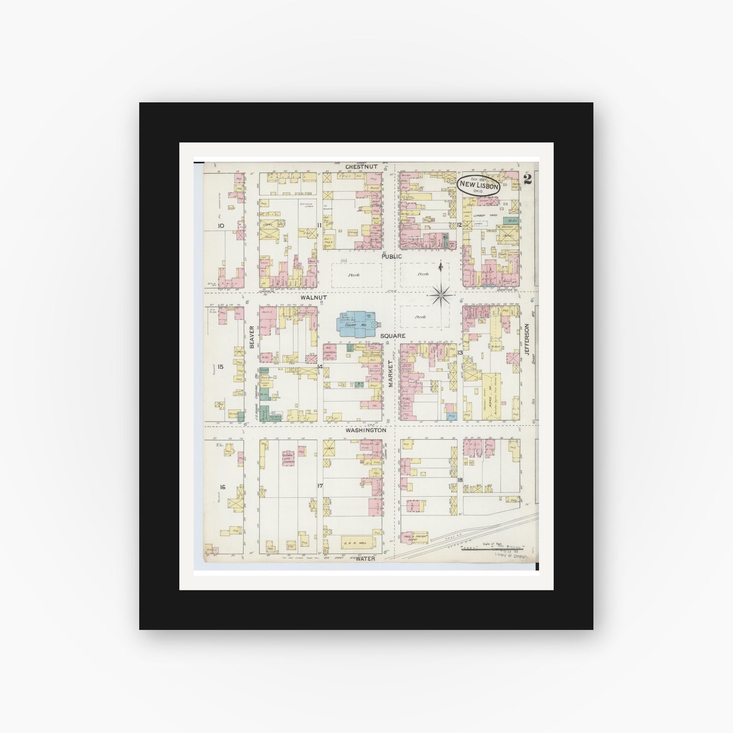 Old map wall art mockup — black gallery frame with white mat — Sanborn Fire Insurance Map from New Lisbon, Columbiana County, Ohio (1887), Sheet #0002