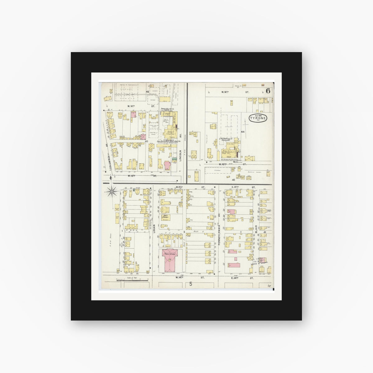 Old map wall art mockup — black gallery frame with white mat — Sanborn Fire Insurance Map from Tyrone, Blair County, Pennsylvania (1896), Sheet #0006