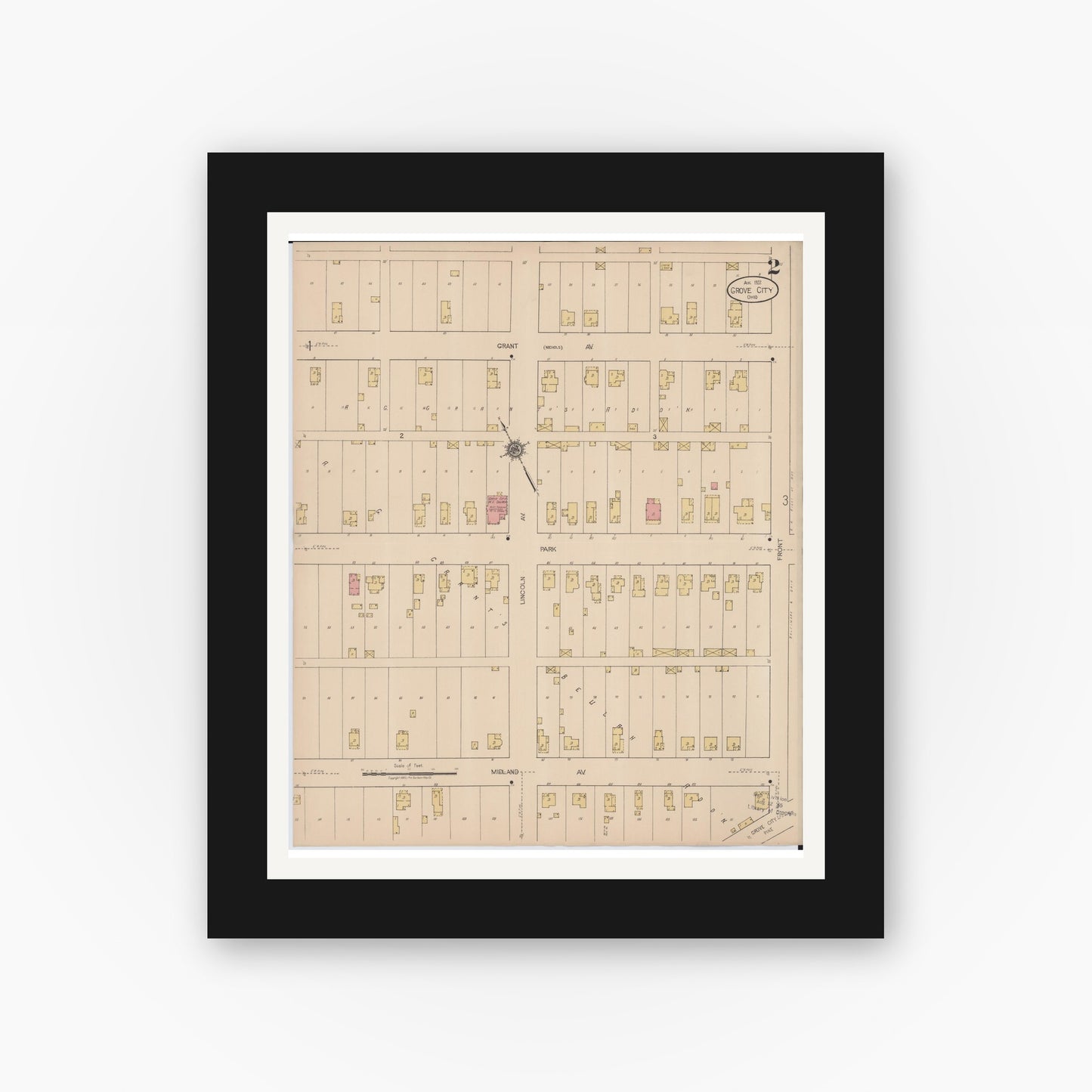 Old map wall art mockup — black gallery frame with white mat — Sanborn Fire Insurance Map from Grove City, Franklin County, Ohio (1922), Sheet #0002